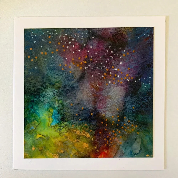 OOAK Handmade Abstract Watercolor Card Set - 6 Blank Note Cards 24K gold leaf - Picture 2 of 12